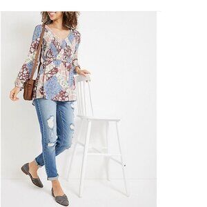 NWT Maurices Tunic Top XXL Rayon Patchwork Purple Print Long Sleeves